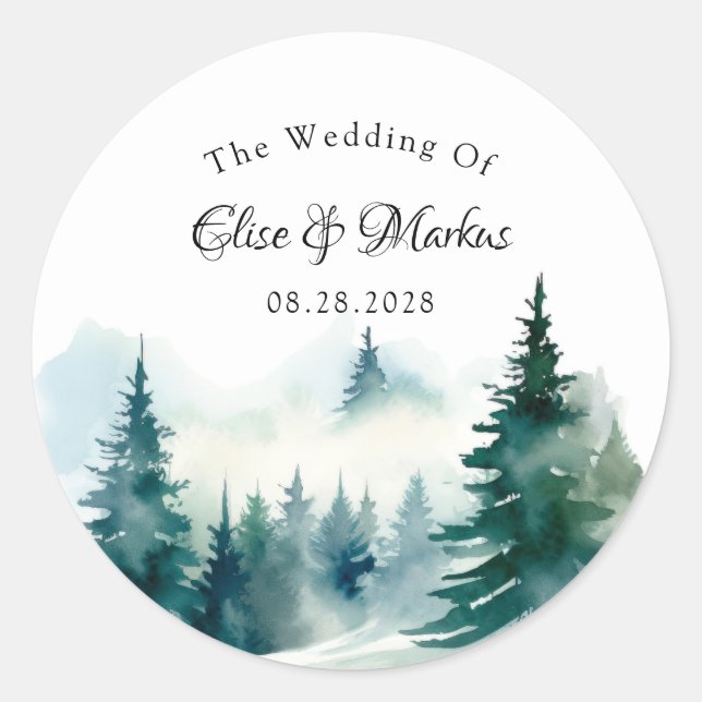 Winter Spruce Christmas Tree Scenery Wedding Classic Round Sticker (Front)