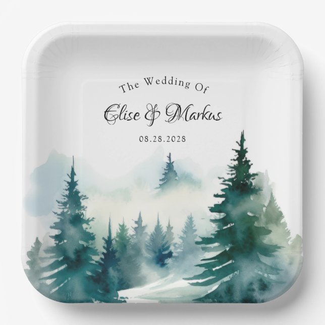 Winter Spruce Christmas Tree Scenery Wedding Paper Plates (Front)