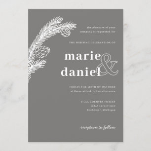 winter spruce on grey wedding invite