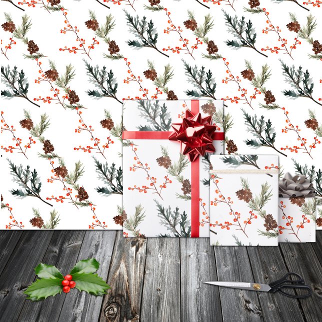 Winter Spruce Pine Branch Cones Red Ilex Berries  Wrapping Paper (Winter Spruce Pine Branch Cones Red Ilex Berries Christmas Holiday Gift Wrapping Paper Rolls)