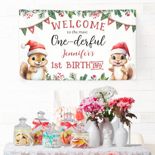 Winter Squirrel Christmas 1st Birthday Party Banner