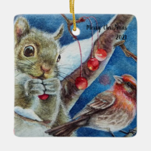 Winter Squirrel Finch Bird Berries Watercolor Art Ceramic Ornament
