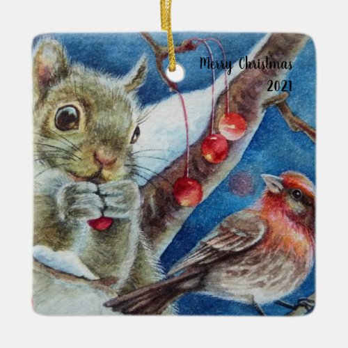 Winter Squirrel Finch Bird Berries Watercolor Art Ceramic Ornament