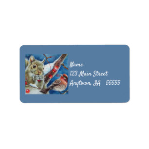 Winter Squirrel Finch Bird Berries Watercolor Art Label