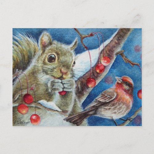 Winter Squirrel Finch Bird Berries Watercolor Art Postcard