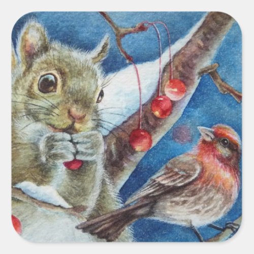 Winter Squirrel Finch Bird Berries Watercolor Art Square Sticker