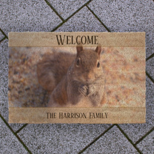 Winter Squirrel in Snow custom family name welcome Fiber Doormat