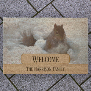 Winter Squirrel in Snow custom family name welcome Fiber Doormat