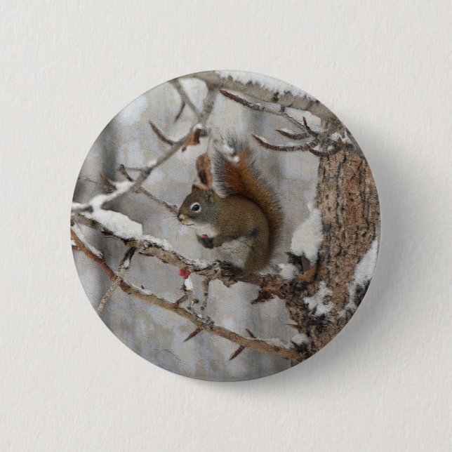 Winter Squirrel, Snow & Red Berries Xmas Design Button (Front)