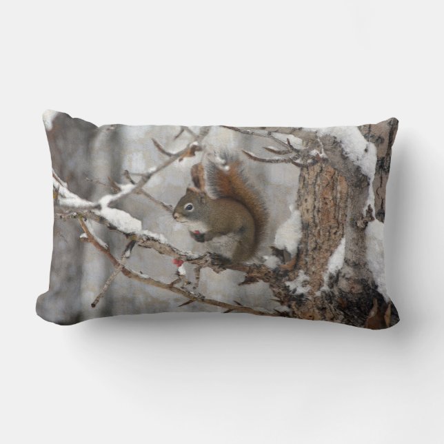 Winter Squirrel, Snow & Red Berries Xmas Design Lumbar Pillow (Front)