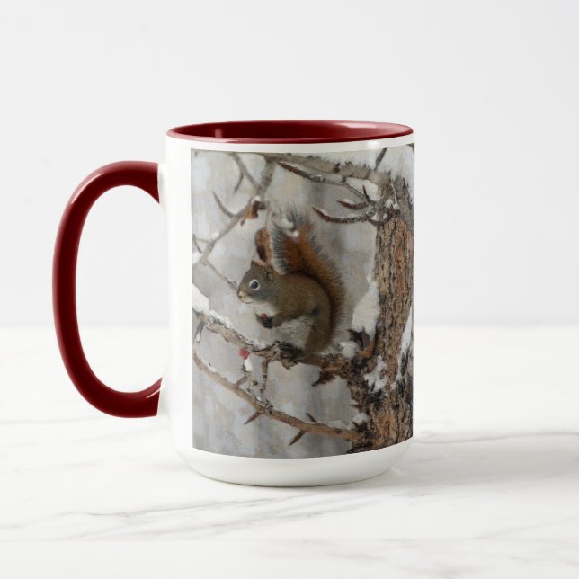 Winter Squirrel, Snow & Red Berries Xmas Design Mug (Left)