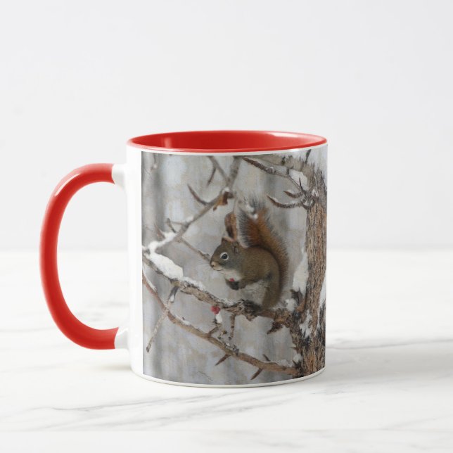 Winter Squirrel, Snow & Red Berries Xmas Design Mug (Left)