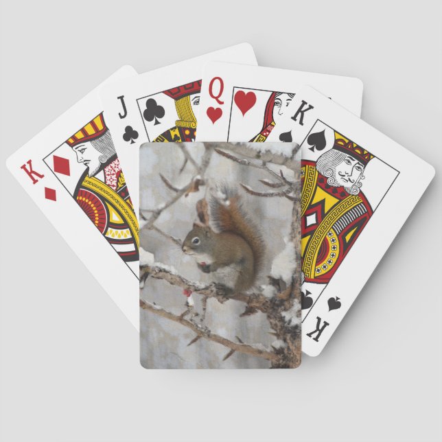 Winter Squirrel, Snow & Red Berries Xmas Design Poker Cards (Back)