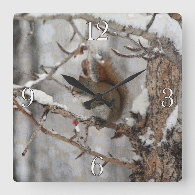 Winter Squirrel, Snow & Red Berries Xmas Design Square Wall Clock (Front)