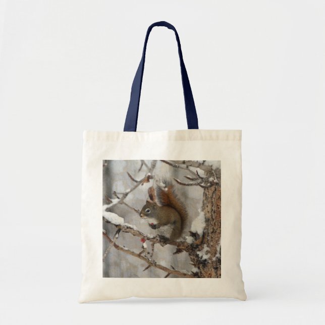 Winter Squirrel, Snow & Red Berries Xmas Design Tote Bag (Front)
