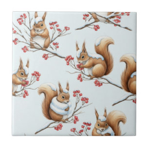 Winter Squirrels Among Snowy Branches Ceramic Tile
