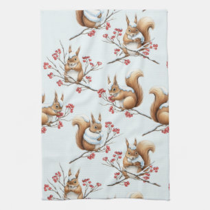 Winter Squirrels Among Snowy Branches Kitchen Towel