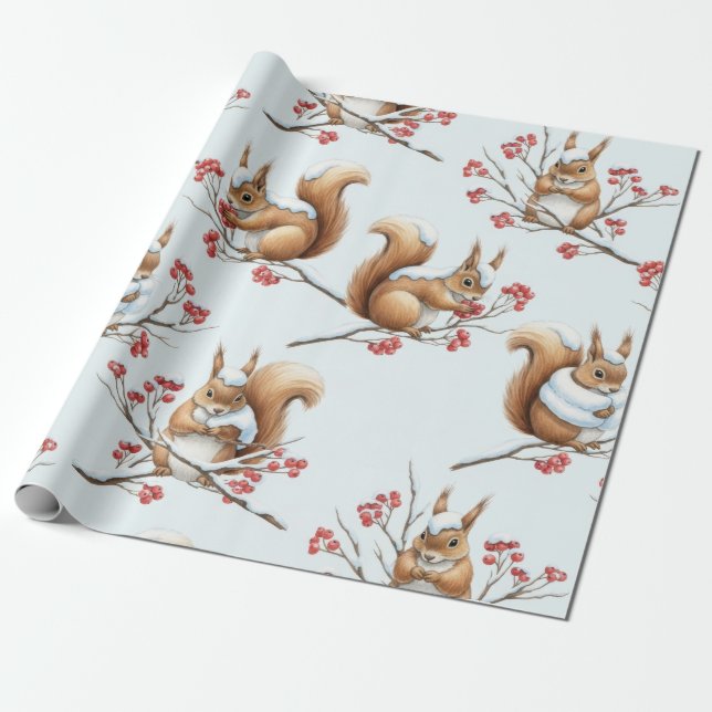 Winter Squirrels Among Snowy Branches Wrapping Paper (Unrolled)