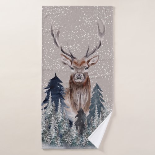 Winter stag antlers brown forest snow  bath towel set