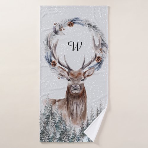 Winter stag antlers DIY monogram woodland scenery Bath Towel Set