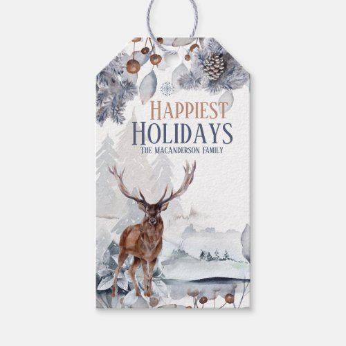 Winter stag forest snow pine cone trees gift tags