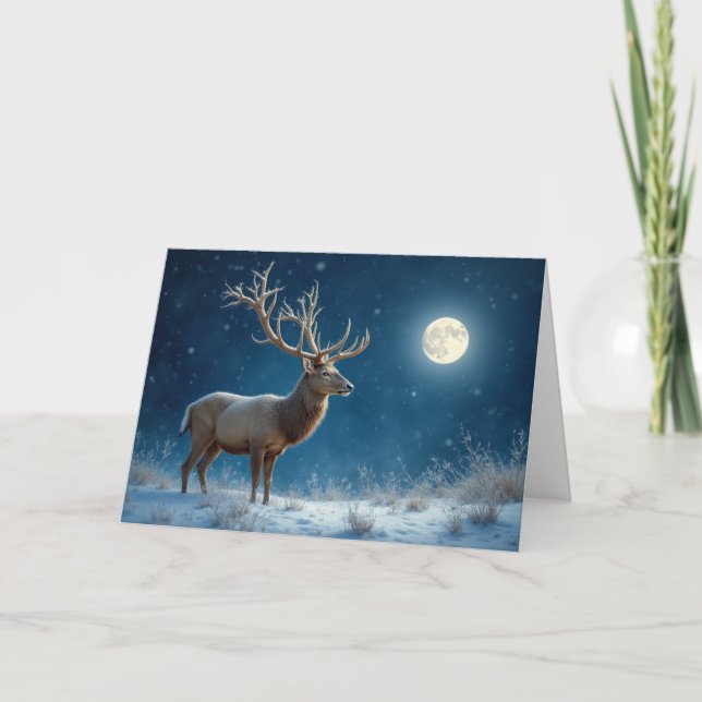 Winter Stag Moonlight Snow Christmas Holiday Card (Front)
