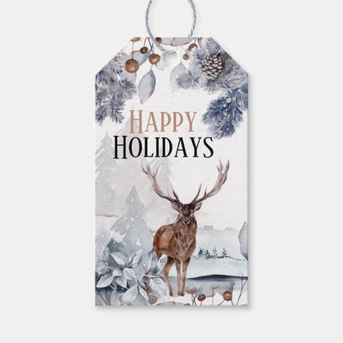 Winter stag watercolor snow landscape xmas wishes gift tags
