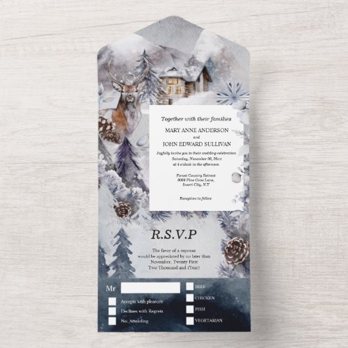 Winter stag wedding country woodland snow forest a all in one invitation