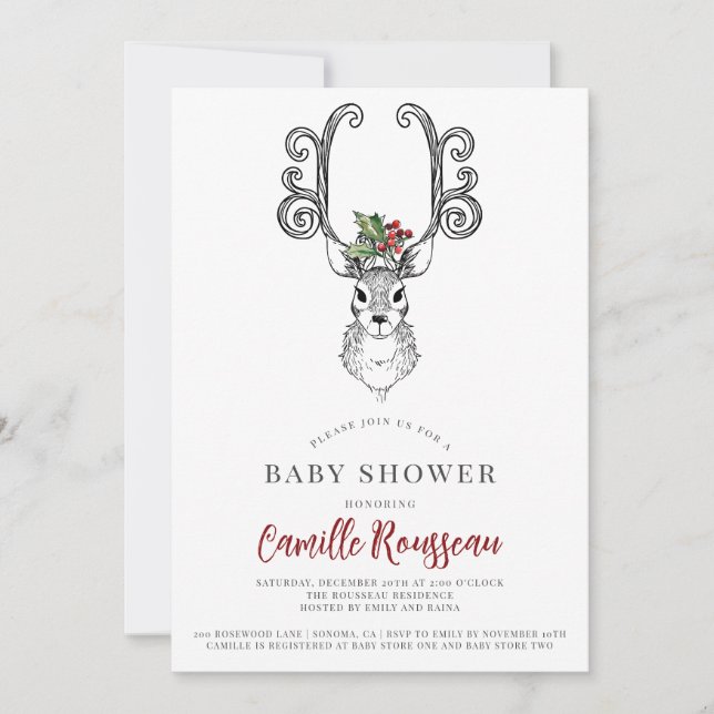 Winter Stag Whimsical Baby Shower Invitation (Front)