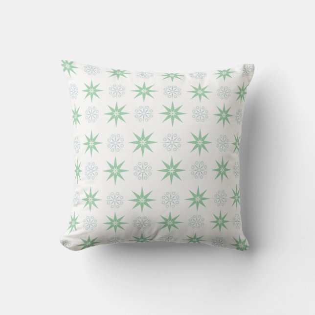 Winter Star and Snowflake Pattern White Throw Pillow (Front)