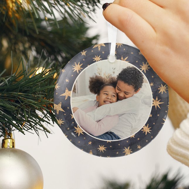 Winter Stars Family Photo Glass Ornament (Creator Uploaded)