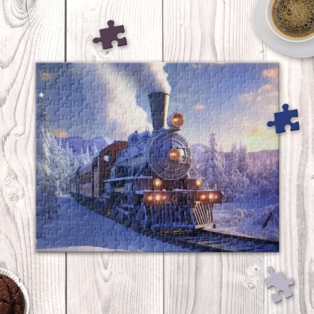 Winter Steam Train Locomotive Christmas Puzzle (Puzzle featuring a steam train locomotive in a snow covered winter landscape at sunset)