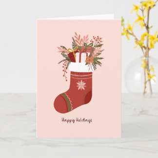 Winter Stocking with gift boxes, flower Christmas Card