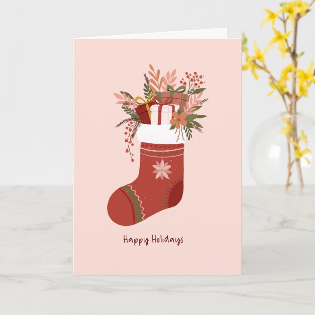 Winter Stocking with gift boxes, flower Christmas Card (Yellow Flower)