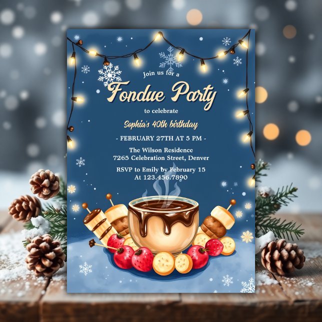 Winter Strawberry Chocolate Fondue Birthday Party Invitation (Watercolor Winter Strawberry Chocolate Fondue Birthday Party Invitation)