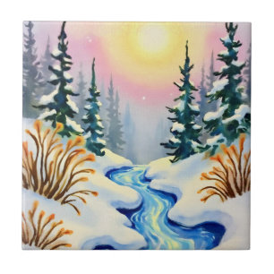 Winter Stream Landscape Ceramic Tile
