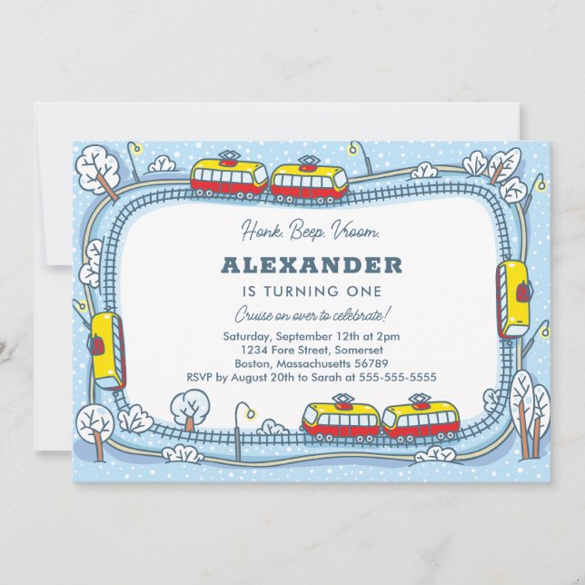 Winter Street Trams Kids Transportation Birthday Invitation (Front)