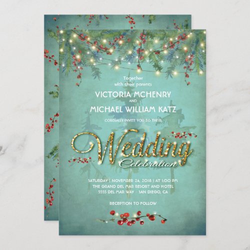 Winter String of lights fir branches Wedding Card