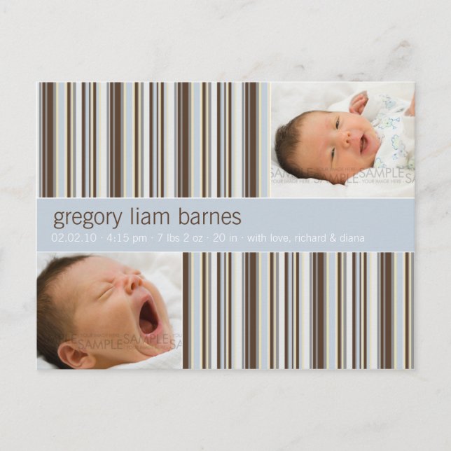 Winter Stripes Blue • Baby Announcement Postcard (Front)