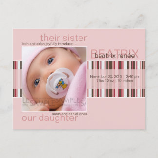 Winter Stripes Pink • Baby Announcement Postcard
