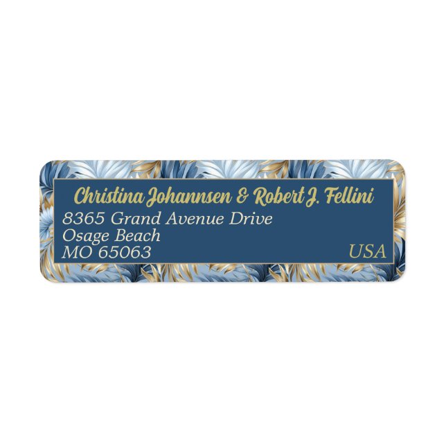 Winter style elegant blue fauxgolden leaves custom label (Front)
