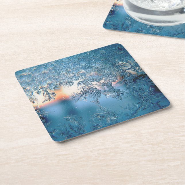 Winter Sunlight Through Frosted Ice Window Square Paper Coaster (Angled)
