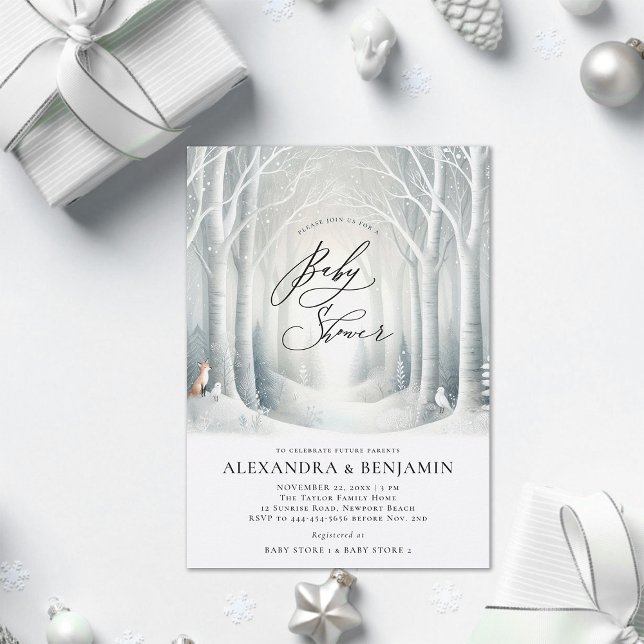 Winter Sunrise Forest Fox Coed Neutral Baby Shower Invitation (winter baby shower invitation neutral white wonderland enchanted forest woodland fox bird cute coed )
