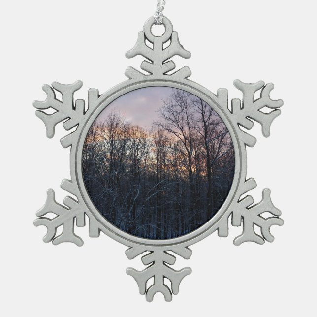 Winter Sunrise I Pastel Nature Landscape Snowflake Pewter Christmas Ornament (Front)