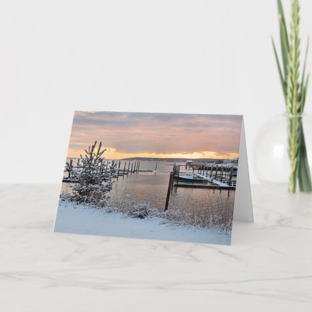 Winter Sunrise over Plymouth, MA Harbor Holiday Card (Front)