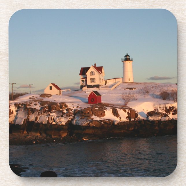Winter Sunset at Nubble Light Beverage Coaster (Front)