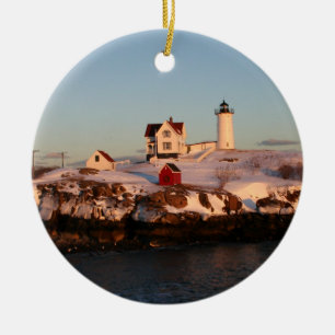Winter Sunset at Nubble Light Ceramic Ornament