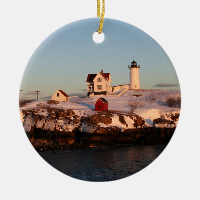 Winter Sunset at Nubble Light  Ceramic Ornament (Front)