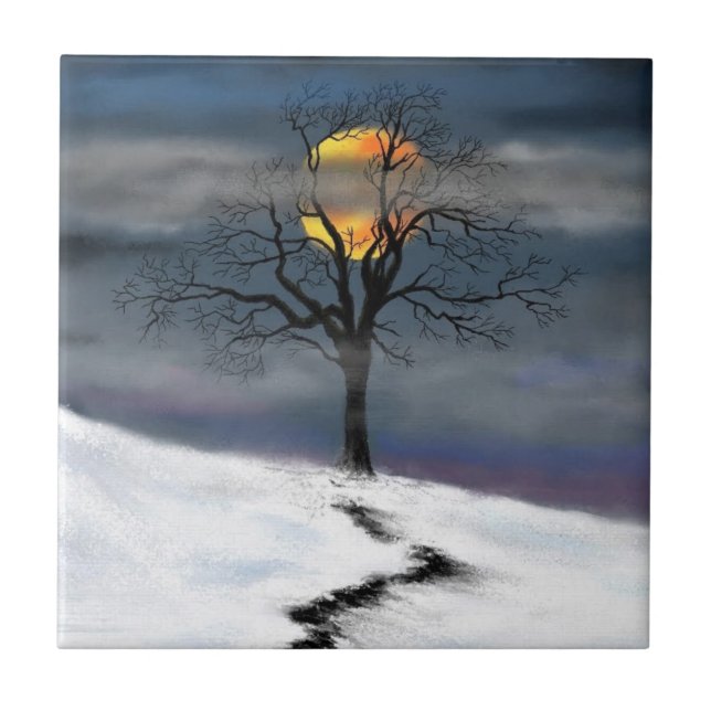 Winter Sunset Ceramic Tile Painting (Front)