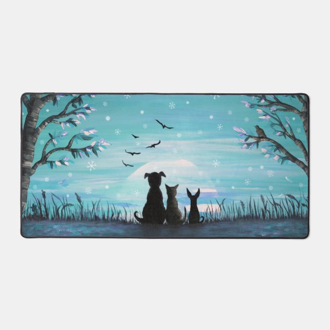 Winter Sunset Dogs and Cat Desk Mat (Front)